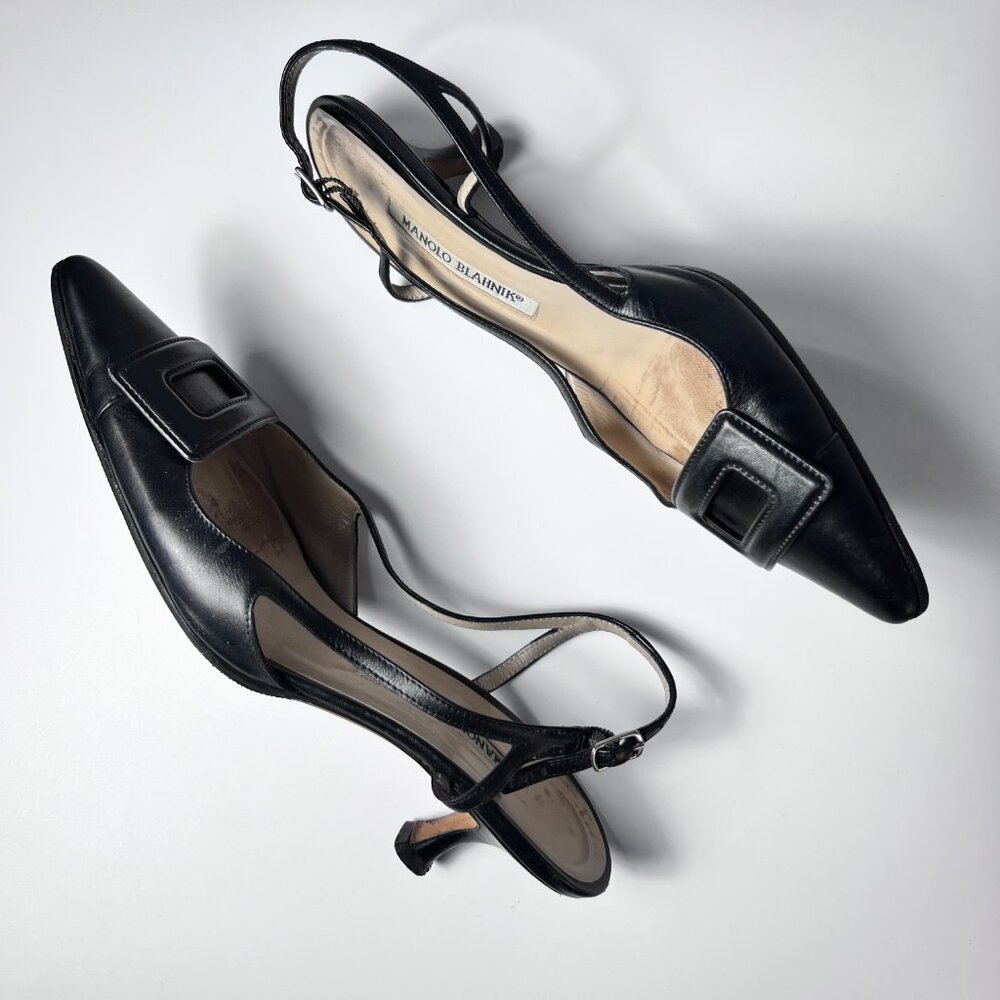 MANOLO BLALHNIK Black Maysli Buckle Slingback Pointed Toe Pumps 7US - Picture 3 of 7